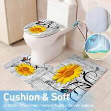 Poedist Bathroom Set, 4 Piece Sunflower Butterfly Shower Curtain Set With Rugs, Include Premium Shower Curtain, Soft Bathroom Non-Slip Floor Mat, U-Shaped Bath Rug And Toilet Cover Lid With 12 Hooks