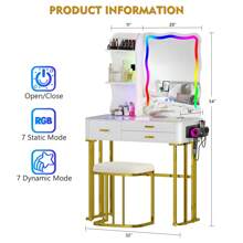 Lvifur RGB Makeup Vanity Table with Mirror and Lights, Glass Top Vanity Desk with 24 Color Dimmable Lights, Auto Sensor Dressing Table with Wireless Charging and Stool