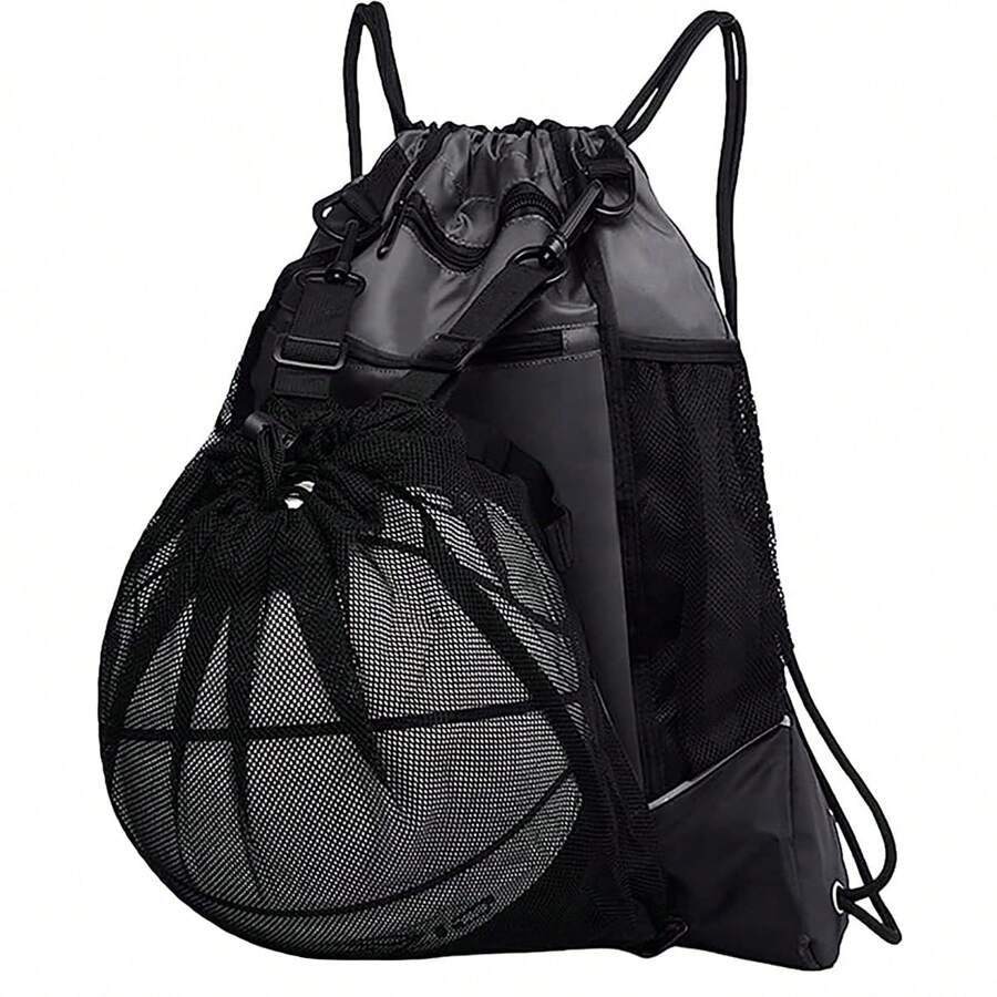 ANTSAY Mochila de baloncesto con cordón, Bolsa de viaje de doble hombro, Bolsa de gimnasio de malla de gran capacidad, impermeable y plegable con compartimento para balón, para camping, deporte - Gris - Ver 1