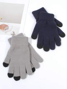 2對純色秋冬保暖編織觸控手套 - 彩色 - 查看 2