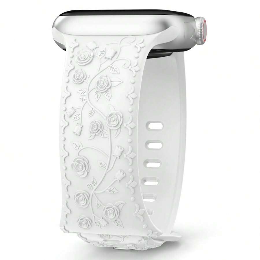 Unbeinst 1 件硅胶嵌入式玫瑰花卉设计表带，女式运动防水表带，兼容 Apple Watch Series 10/9/8/7/6/5/4/3/2/1/Ultra 2/Ultra/SE - 白色 - 查看 1