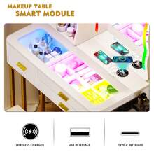 Lvifur RGB Makeup Vanity Table with Mirror and Lights, Glass Top Vanity Desk with 24 Color Dimmable Lights, Auto Sensor Dressing Table with Wireless Charging and Stool