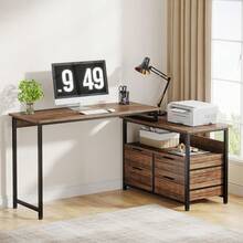Tribesigns Reversible L-Shaped Desk with Drawer, Industrial Corner Desk Home Office Desk with Storage Shelves, Writing Workstation Table for Home Office Small Space - 棕色 - 查看 1