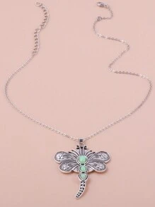 1 Pieza Collar De Resina Plateado Antiguo Con Colgante De Libélula Grande Y Pequeña Y Decoración Simulada De Ópalo Verde - Plata antigua - Ver 8