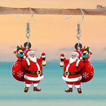 1 對聖誕聖誕老人禮物袋設計吊墜耳環派對卡通風格壓克力首飾可愛女性禮物