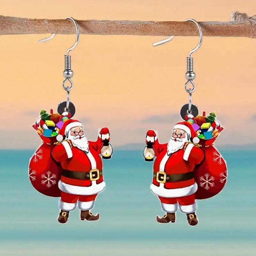 1 對聖誕聖誕老人禮物袋設計吊墜耳環派對卡通風格壓克力首飾可愛女性禮物