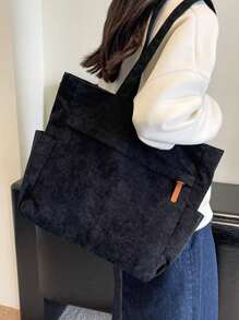 Fashion Solid Color Multi-Pocket Women's Tote Bag, Large Capacity Casual Outdoor Vacation Travel Shoulder Bag, Lightweight Multifunctional Shopping Grocery Storage Handbag, Simple Daily Commute Crossbody Bag, Suitable For School And Work Use - Black - View 3