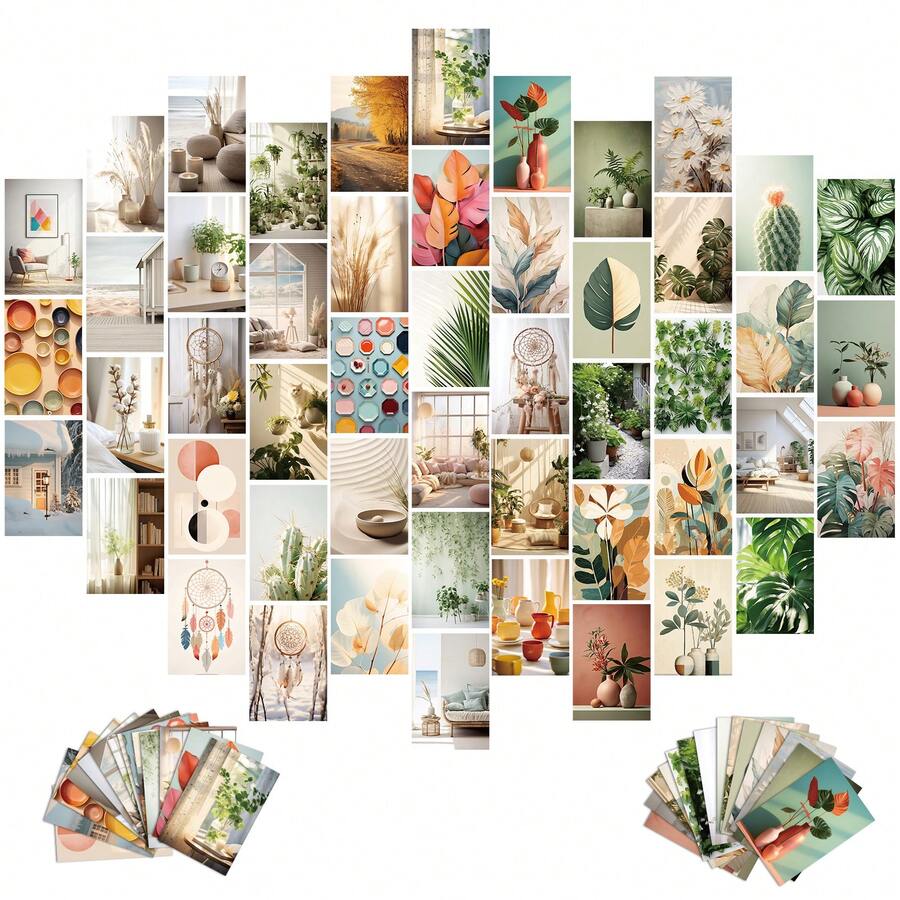 50入組綠色牆面拼貼套裝,丹麥風格藝術拼貼牆面裝飾套裝,適用於女孩、青少年和成年人,相片拼貼套裝房間牆面印刷,宿舍相片展示,臥室海報 - 彩色 - 查看 1