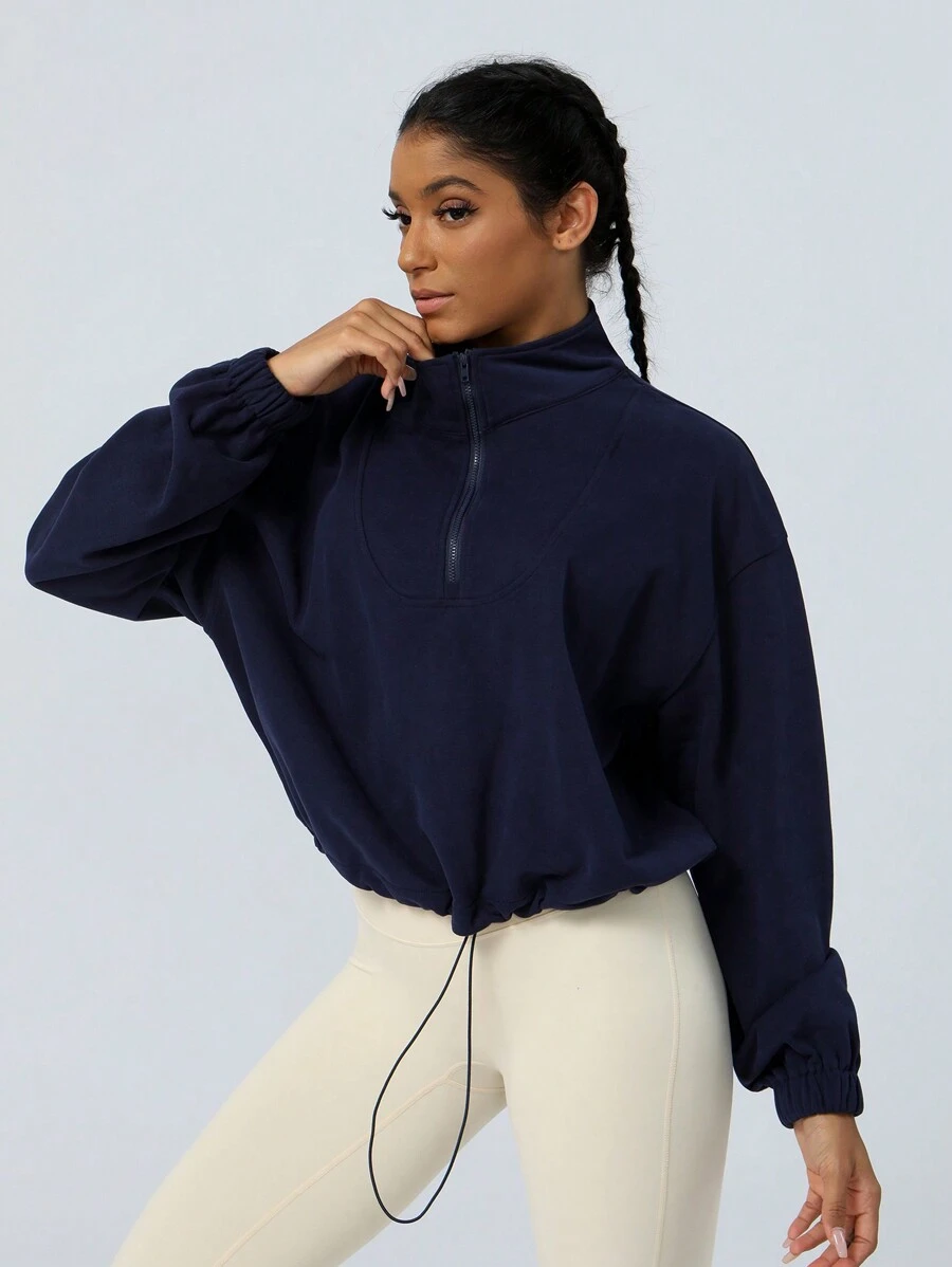 女士寬鬆半拉鍊長袖休閒運動衛衣 - 藏蓝色 - 查看 1