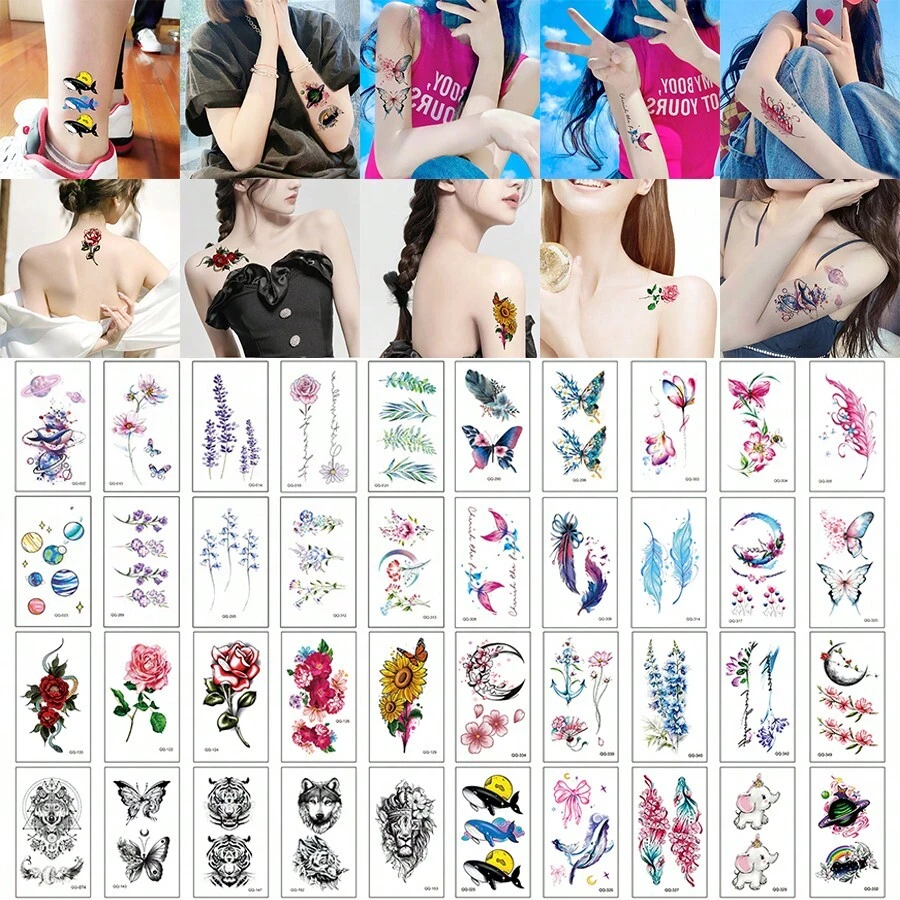 10款水彩花卉系列暫時性刺青貼紙,包括玫瑰、牡丹、雛菊、百合、繡球和薰衣草,防水,非常適合臉部和手臂的紋身繪畫。 - 彩色 - 查看 1