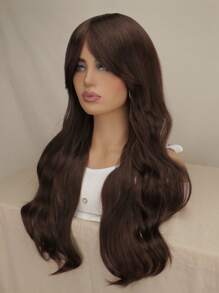 Long Wavy for Women Chocolate Brown Wig with Bangs Heat Resistant Synthetic Wig - Maroon - View 2