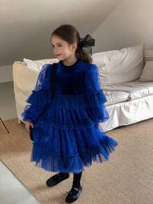 Girls' Velvet Panel Tulle Dress For Middle And Small Children - Blue - View 2