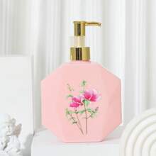 1pc 300ml Pink Flower Patterned Household Shampoo And Shower Gel Dispenser Bottle - Pink - View 1