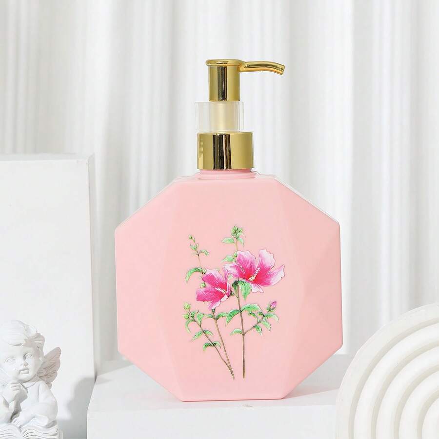 1pc 300ml Pink Flower Patterned Household Shampoo And Shower Gel Dispenser Bottle - Pink - View 1