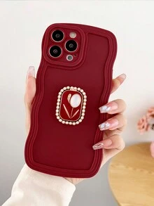1pc Solid Color Wave Patterned Case + Tulip Design Hand Strap Phone Case Compatible With Iphone - Burgundy - View 2