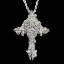 1 Piece Iced Out Cross Flower Necklaces & Pendant Gold Color Plated Bling Cubic Men's Hip Hop Jewelry Valentines - Silver - View 2