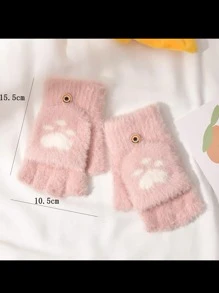1双幼儿男女通用猫爪爱心图案保暖半指毛绒手套，适合秋冬季户外佩戴 - 棕色 - 查看 5