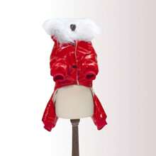 1 件冬季保暖連帽狗外套加厚毛領小狗羽絨服,輕便戶外防風防雪服寒冷天氣服裝小型寵物狗貓,紅色 - 紅色 - 查看 5