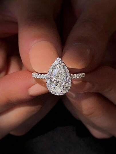 1 Stück Braut's Modischer Voller Strass Kreativer Wassertropfenförmiger Hochzeitsring Mit Kubik Zirkonia, Frauen's Königlicher Hochzeitsschmuck