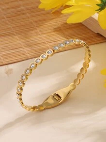 1 Stück Modische Edelstahlgold & Strass Dekor Sternform Offene Armspange Armband Für Frauen, Mädchen Straßenkleidung, Brautjungferngeschenk