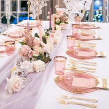 175 个透明绿色/勃艮第红/黑色派对盘子，绿色/勃艮第红/黑色塑料盘子包括 25 个餐盘 25 个甜点盘 25 把刀 25 把叉子 25 把勺子 25 个杯子 25 个餐巾，非常适合婚礼、派对、圣帕特里克节盘子、圣诞派对 - 中紫紅色 - 查看 3