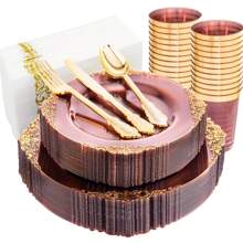 175 个透明绿色/勃艮第红/黑色派对盘子，绿色/勃艮第红/黑色塑料盘子包括 25 个餐盘 25 个甜点盘 25 把刀 25 把叉子 25 把勺子 25 个杯子 25 个餐巾，非常适合婚礼、派对、圣帕特里克节盘子、圣诞派对 - 中紫紅色 - 查看 1