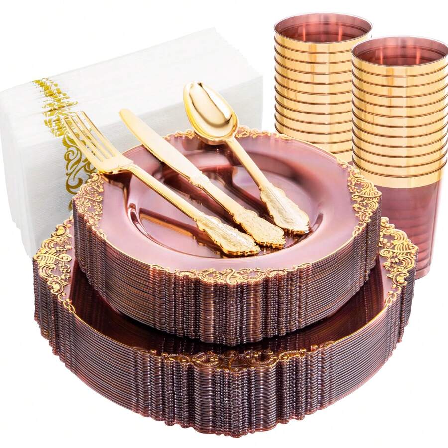 175 个透明绿色/勃艮第红/黑色派对盘子，绿色/勃艮第红/黑色塑料盘子包括 25 个餐盘 25 个甜点盘 25 把刀 25 把叉子 25 把勺子 25 个杯子 25 个餐巾，非常适合婚礼、派对、圣帕特里克节盘子、圣诞派对 - 中紫紅色 - 查看 1