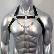 1 Piece Men's Black One-Size-Fits-All Leather Sports Restraint Fashion Suspender With Chain Decoration Suitable For Gym And Daily Use Harness Halloween For Going Out Outfit Wedding Party And For Gift Halloween Accessories, Halloween Costumes