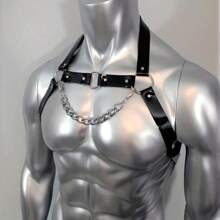 1 Piece Men's Black One-Size-Fits-All Leather Sports Restraint Fashion Suspender With Chain Decoration Suitable For Gym And Daily Use Harness Halloween For Going Out Outfit Wedding Party And For Gift Halloween Accessories, Halloween Costumes