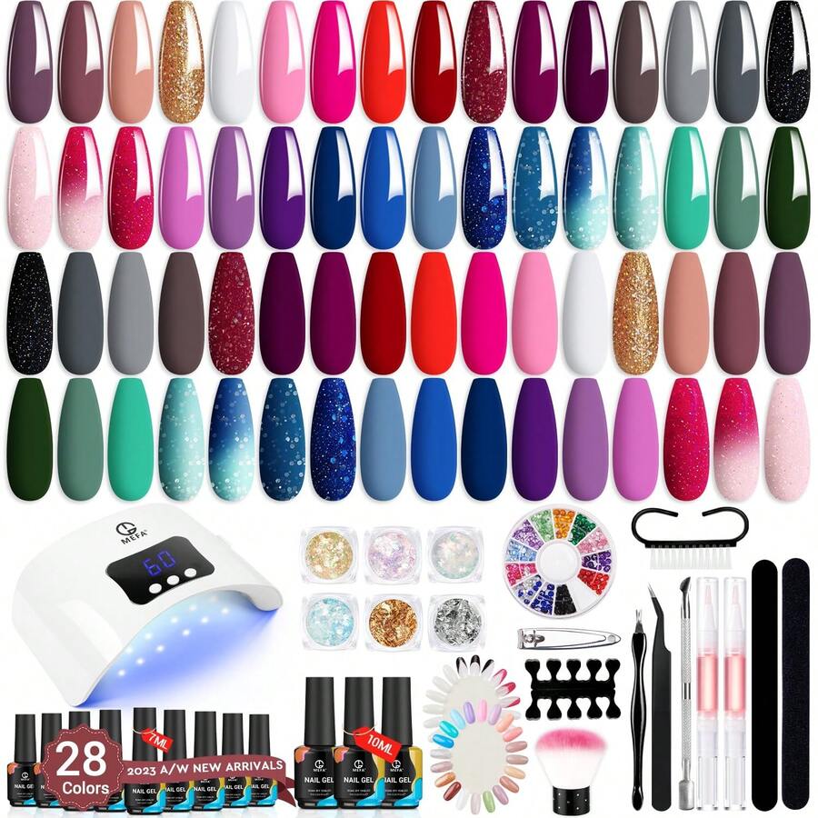 MEFA 52 PCS Gel Nail Polish Kit With U V Light, 28 Colors Glitter Color Changing Gel Polish Set 48W Nail Lamp With Top Base Coat Starter Manicure Tools Nails Art Decorations At Home Salon Design Gifts - Nhiều màu - Xem 1