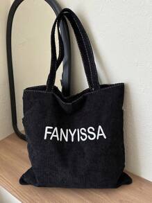 1pc Minimalist Retro Corduroy Embroidery Letters Zipper Opening Shoulder Tote Bag Suitable For Women's Daily Casual With Use - Black - View 2