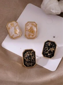 法式復古樹脂方塊及金箔細節合金耳環1對,適合女性日常佩戴 - 黑色 - 查看 1
