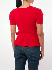 TE AMOMO Blusa Manga Corta Cruzada Con Moño - Rojo - Ver 3