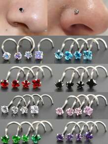 Opakowanie 4 sztuk 20G Kość 0,8x7mm Złoty Pozłacany Skręcony Barbell Kolczyki do Nozdrzy Ze Stali Nierdzewnej Kolczyki Do Nosa Z Okrągłą Gwiazdą Kwadratowe Serce Cyrkonia Sześcienna Helix Kolczyki Do Chrząstki Tragus Dla Kobiet Mężczyzn Przekłucie Nosa Meduza Monroe Piercing Labret Piercing Wargi Muszla Piercing Twarz Ciało Biżuteria