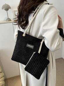 灰色灰絨布大容量單肩通勤包，日式簡約款女士手提斜揹包，清新托特包，仙女少女手提/肩背包 - 黑色 - 查看 3