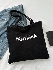 1pc Minimalist Retro Corduroy Embroidery Letters Zipper Opening Shoulder Tote Bag Suitable For Women's Daily Casual With Use - Black - View 4