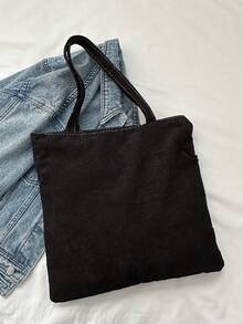 1pc Minimalist Retro Corduroy Embroidery Letters Zipper Opening Shoulder Tote Bag Suitable For Women's Daily Casual With Use - Black - View 5