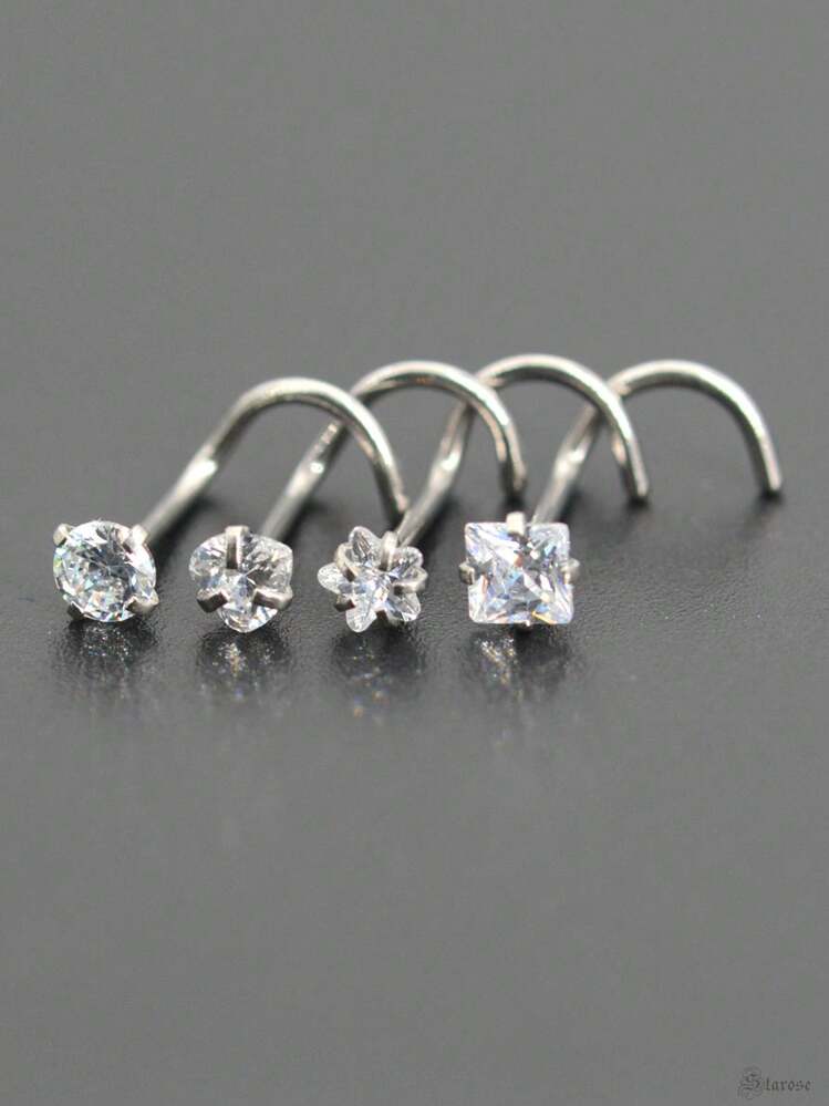 4 件装 20G 骨 0.8x7mm 镀金扭曲杠铃鼻孔穿孔不锈钢鼻钉，带圆星方形心形方晶锆石耳轮耳屏软骨耳环，男女通用，鼻穿孔美杜莎梦露穿孔唇钉唇环海螺穿孔面部身体首饰 - 金色鼻釘 - 查看 7