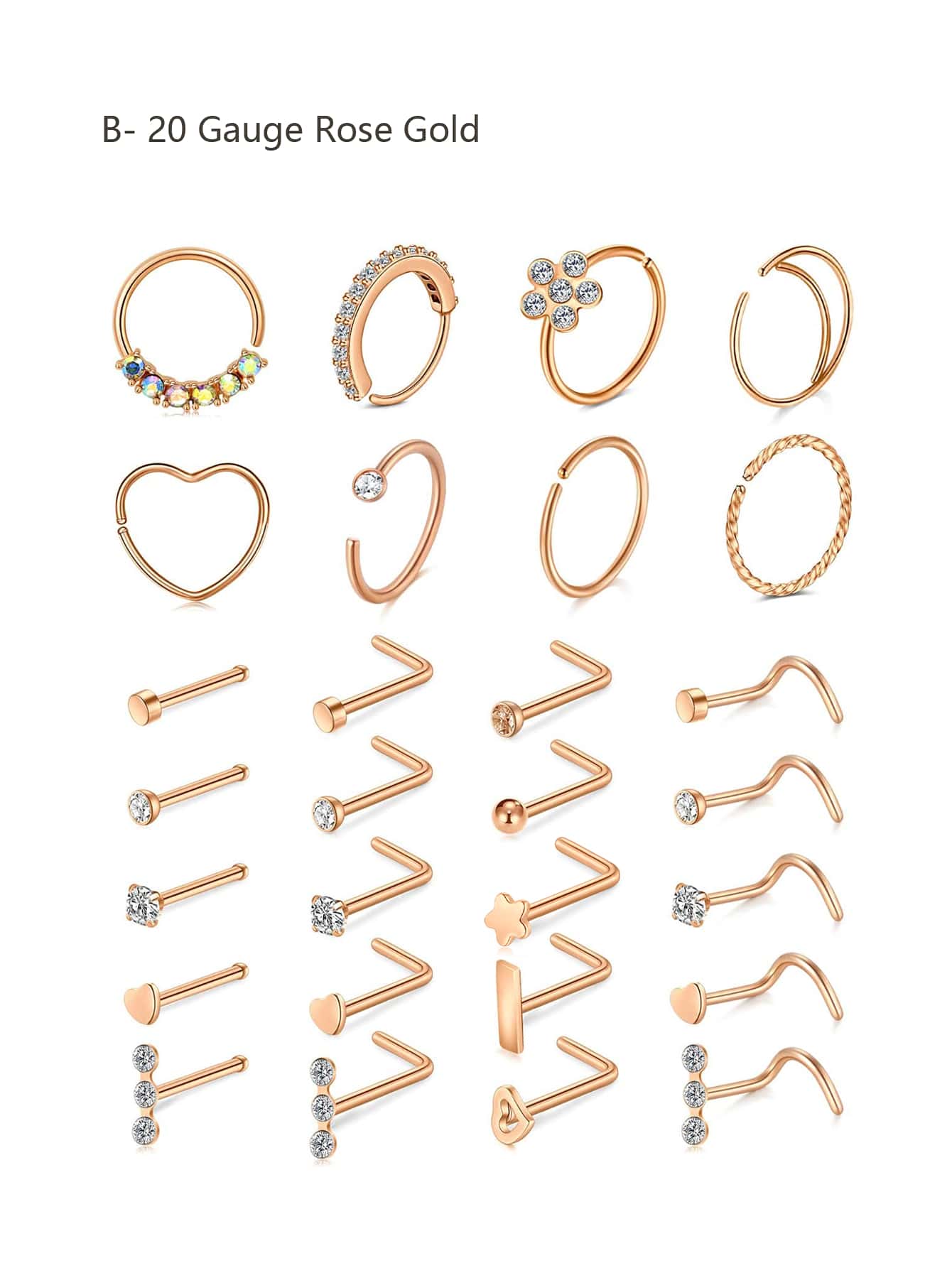 28Pcs/Set 20g Stainless Steel Nose Rings Hoop L Shape Nose Studs Nose