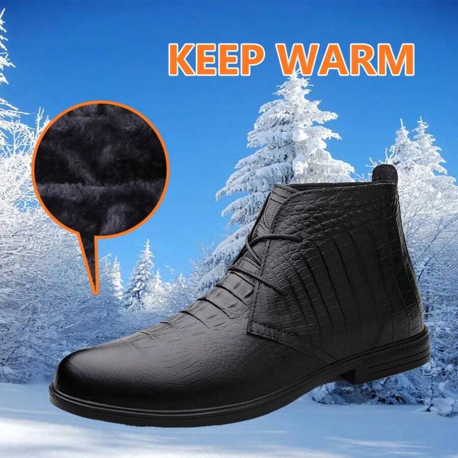 男士冬季新款短靴真皮高帮靴保暖保暖内衬鞋 - 黑色 - 查看 1