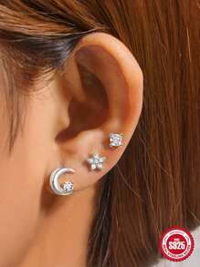 3入組925銀ins立體立方體星月耳針套裝,18k鍍金多入組潮流女士耳環,適用於多重穿洞,婚禮派對訂婚聖誕禮物 - 銀色 - 查看 12