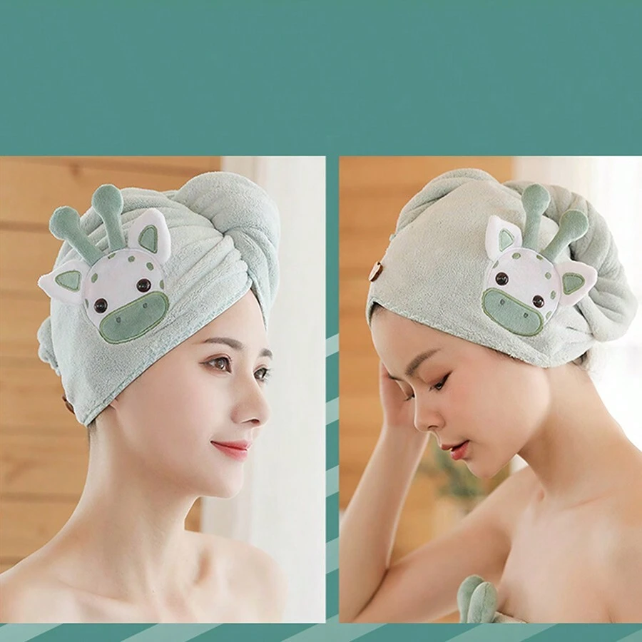 1 件裝乾髮帽女式吸水快乾毛巾擦頭珊瑚毛絨加厚裹頭帶卡通浴帽可愛髮巾 - 綠色 - 查看 1