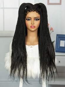 前蕾絲編織假髮黑盒編織假髮帶嬰兒頭髮前蕾絲玉米辮編織假髮女式優質合成辮子假髮 - 黑色 - 查看 8