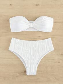 新品性感两件套泳衣复古抹胸高腰聚拢比基尼套装适合小胸女性，非常适合海滩、温泉和度假村夏季海滩 - 白色 - 查看 5