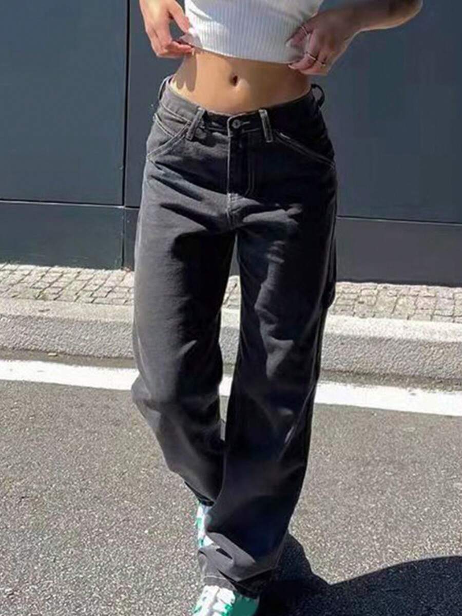 Women's Low Rise Straight Leg Baggy Jeans - Czarne - Zobacz 1