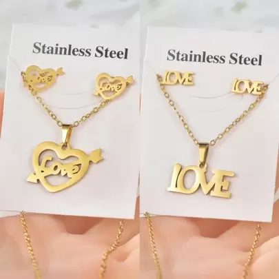 2 对不锈钢爱心耳环和项链套装，带心形吊坠，适合女士情人节、妈妈、母亲、母亲节、礼物