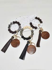 1 件裝女士媽媽標籤矽膠串珠流蘇手鍊和鑰匙扣,完美的母親節禮物 - 棕色 - 查看 1