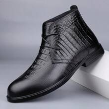 男士冬季新款短靴真皮高帮靴保暖保暖内衬鞋 - 黑色 - 查看 4