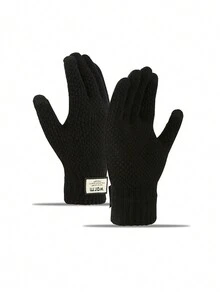 1pair Men'S Knitted Gloves, Touchscreen, Thickened, For Biking, Winter Warm, Windproof, Solid Warm, For Autumn And Winter - Black - View 2
