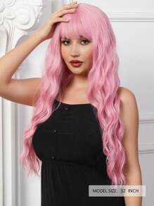 Synthetic Heat Resistant Wigs Long Wavy Curly  Wigs With Bangs Pink Wigs 32 Inch Full Machine Made Young Stylish Wigs Good Quality Synthetic Wigs Daily Party Use - Pink - View 2